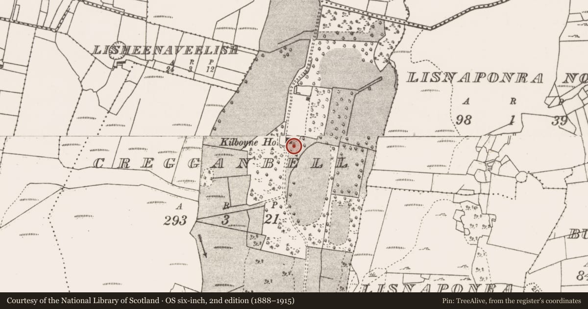 Ordnance Survey six-inch map, 2nd edition (1888–1915) covering the location of Burial ground, Cregganbell, County Mayo, with a pin at the register's coordinates