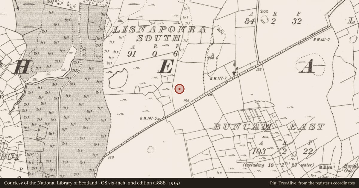Ordnance Survey six-inch map, 2nd edition (1888–1915) covering the location of Enclosure, Lisnaponra South, County Mayo, with a pin at the register's coordinates