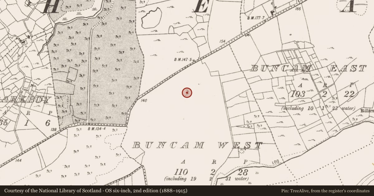 Ordnance Survey six-inch map, 2nd edition (1888–1915) covering the location of Enclosure, Buncam West, County Mayo, with a pin at the register's coordinates