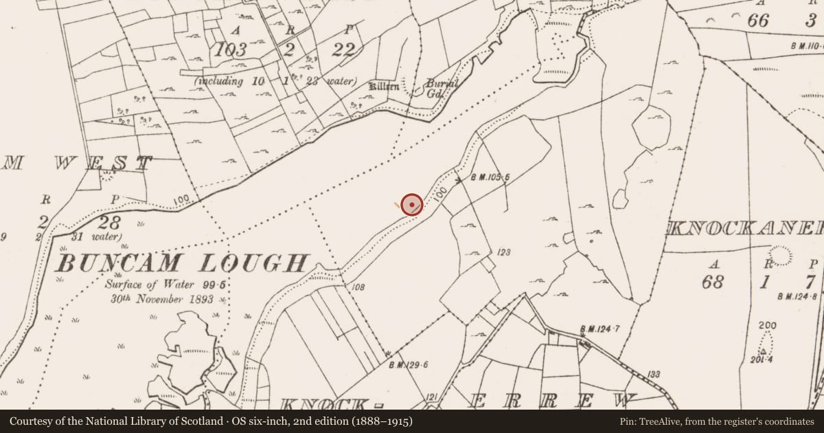 Ordnance Survey six-inch map, 2nd edition (1888–1915) covering the location of Crannog, Errew, County Mayo, with a pin at the register's coordinates