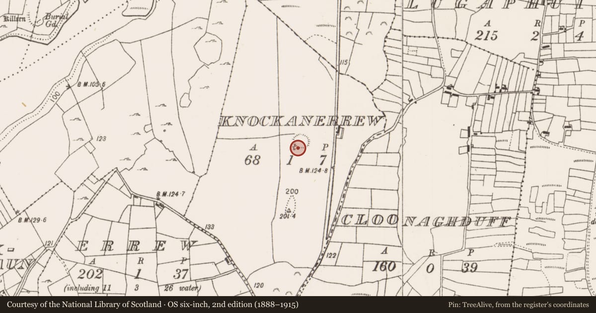 Ordnance Survey six-inch map, 2nd edition (1888–1915) covering the location of Souterrain, Knockanerrew, County Mayo, with a pin at the register's coordinates