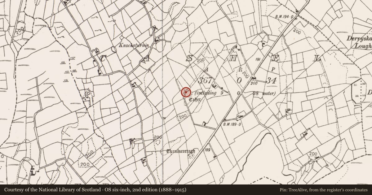 Ordnance Survey six-inch map, 2nd edition (1888–1915) covering the location of Ringfort - cashel, Cashel (Burrishoole By., Islandeady Par.), County Mayo, with a pin at the register's coordinates