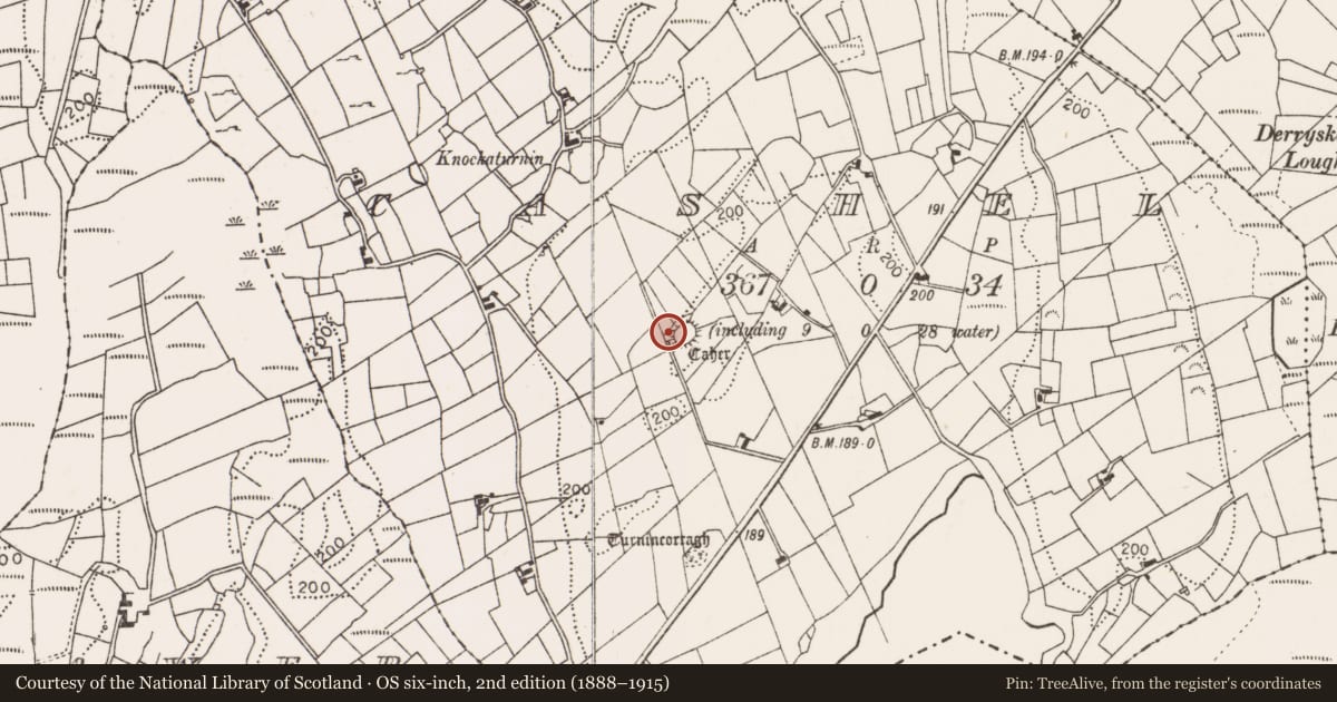 Ordnance Survey six-inch map, 2nd edition (1888–1915) covering the location of Souterrain, Cashel (Burrishoole By., Islandeady Par.), County Mayo, with a pin at the register's coordinates