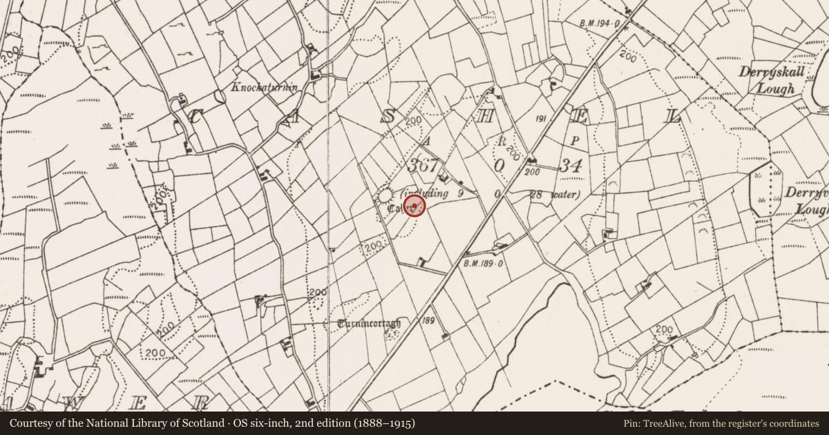 Ordnance Survey six-inch map, 2nd edition (1888–1915) covering the location of Enclosure, Cashel (Burrishoole By., Islandeady Par.), County Mayo, with a pin at the register's coordinates