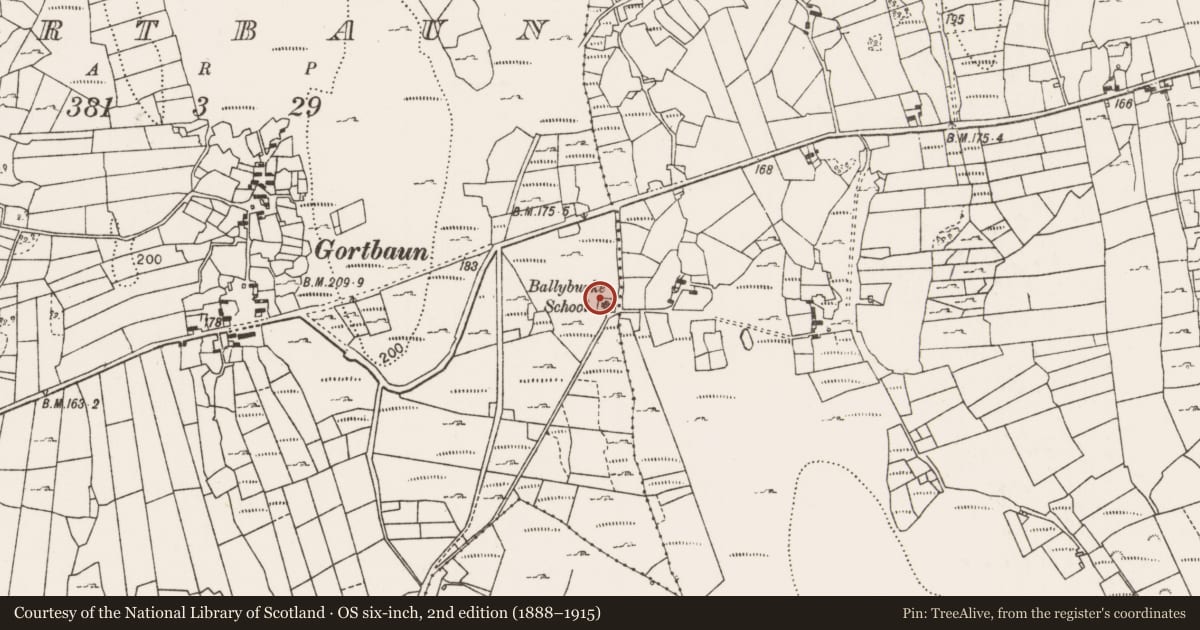 Ordnance Survey six-inch map, 2nd edition (1888–1915) covering the location of Chapel, Gortbaun, County Mayo, with a pin at the register's coordinates