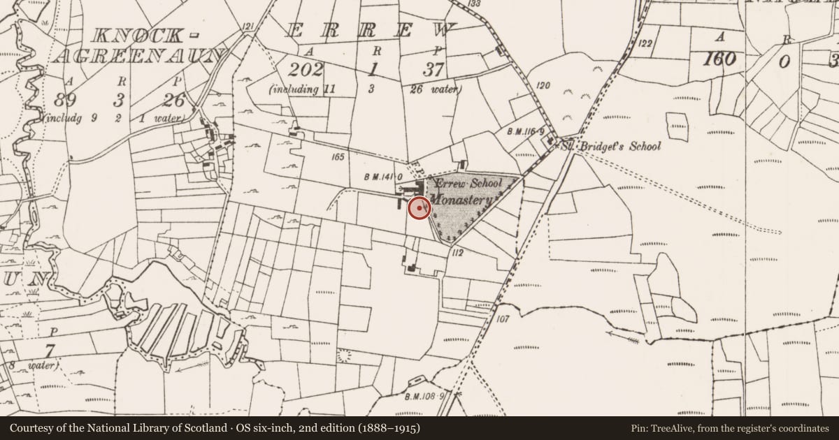 Ordnance Survey six-inch map, 2nd edition (1888–1915) covering the location of Enclosure, Errew, County Mayo, with a pin at the register's coordinates