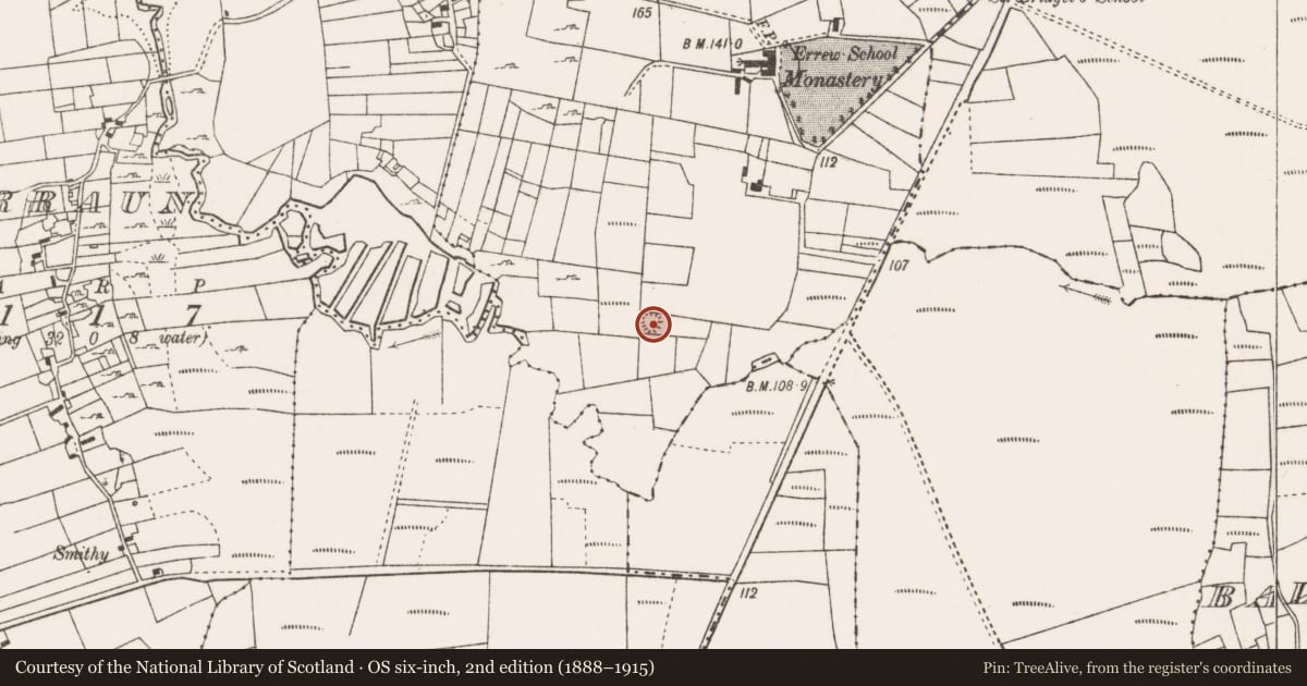 Ordnance Survey six-inch map, 2nd edition (1888–1915) covering the location of Enclosure, Errew, County Mayo, with a pin at the register's coordinates