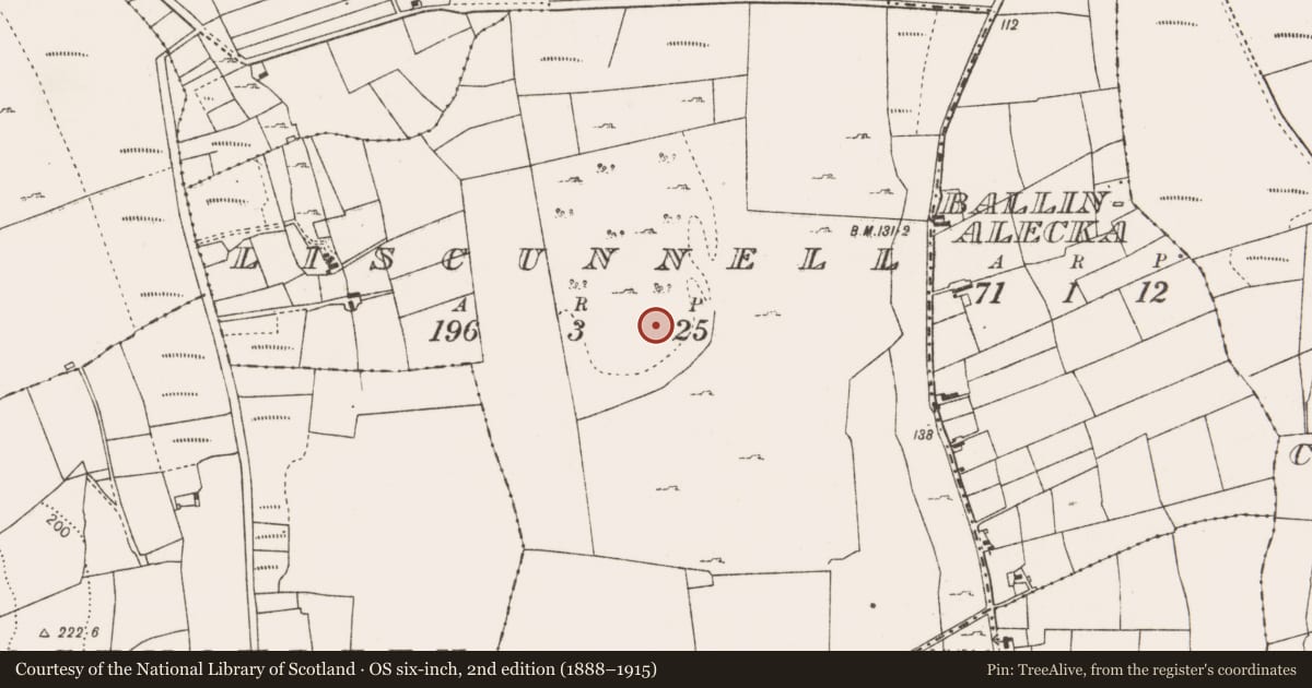 Ordnance Survey six-inch map, 2nd edition (1888–1915) covering the location of Enclosure, Liscunnell, County Mayo, with a pin at the register's coordinates