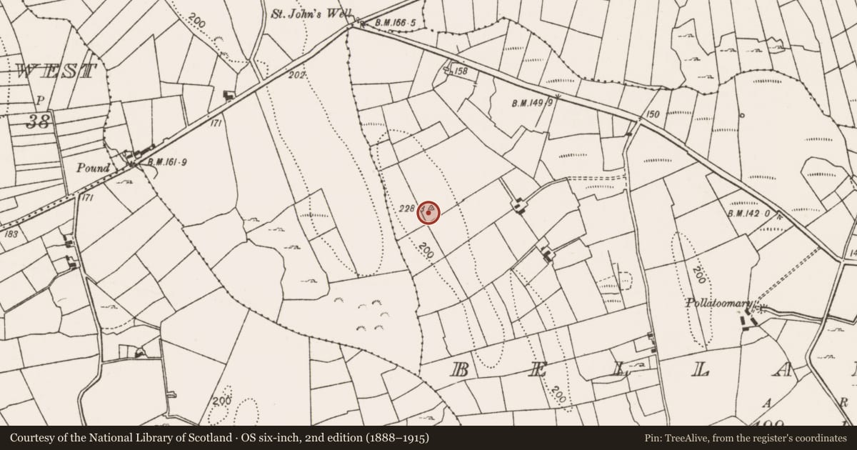 Ordnance Survey six-inch map, 2nd edition (1888–1915) covering the location of Enclosure, Bellaburke, County Mayo, with a pin at the register's coordinates