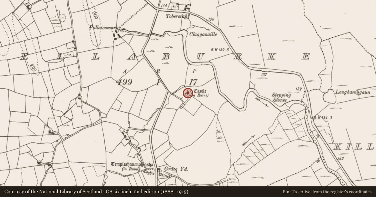 Ordnance Survey six-inch map, 2nd edition (1888–1915) covering the location of Castle - unclassified, Bellaburke, County Mayo, with a pin at the register's coordinates