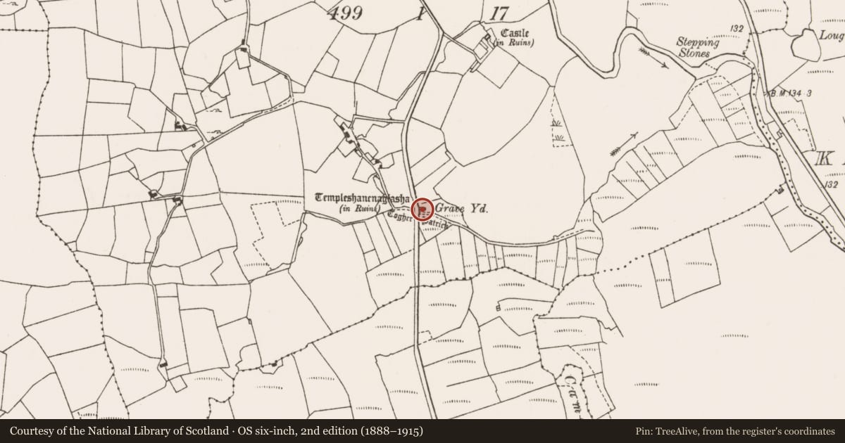 Ordnance Survey six-inch map, 2nd edition (1888–1915) covering the location of Church, Bellaburke, County Mayo, with a pin at the register's coordinates
