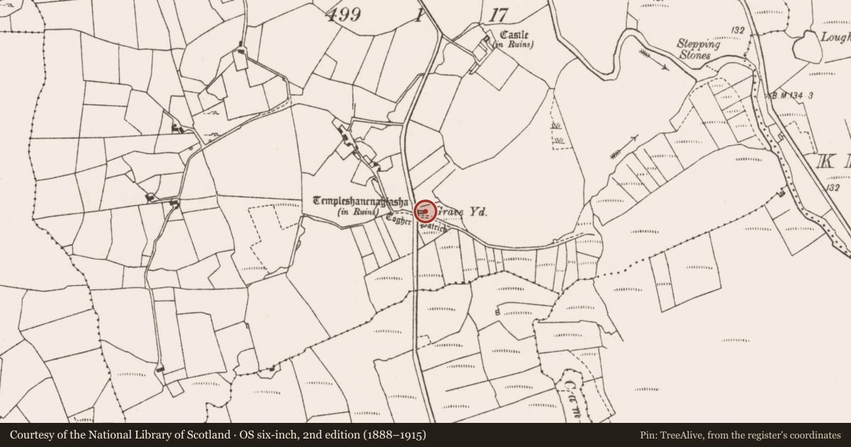 Ordnance Survey six-inch map, 2nd edition (1888–1915) covering the location of Graveyard, Bellaburke, County Mayo, with a pin at the register's coordinates