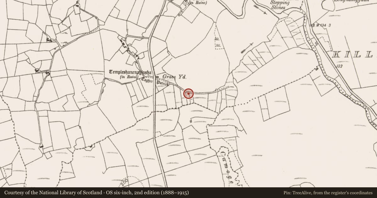 Ordnance Survey six-inch map, 2nd edition (1888–1915) covering the location of Road - road/trackway, Bellaburke, County Mayo, with a pin at the register's coordinates