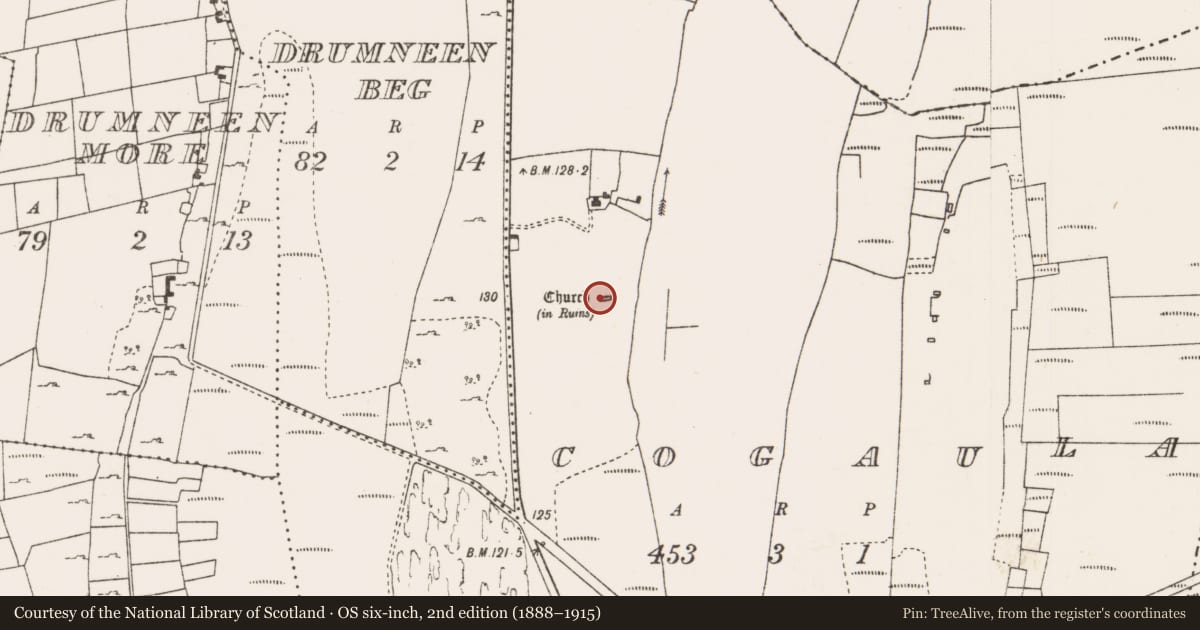 Ordnance Survey six-inch map, 2nd edition (1888–1915) covering the location of Church, Cogaula, County Mayo, with a pin at the register's coordinates