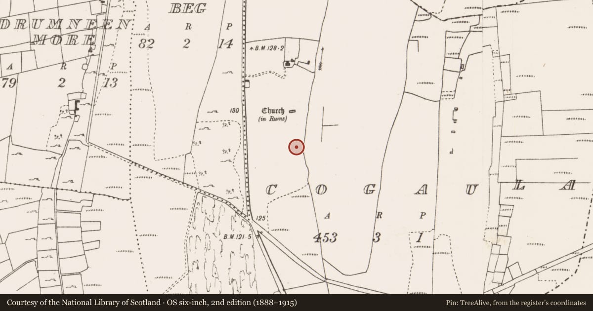 Ordnance Survey six-inch map, 2nd edition (1888–1915) covering the location of Earthwork, Cogaula, County Mayo, with a pin at the register's coordinates