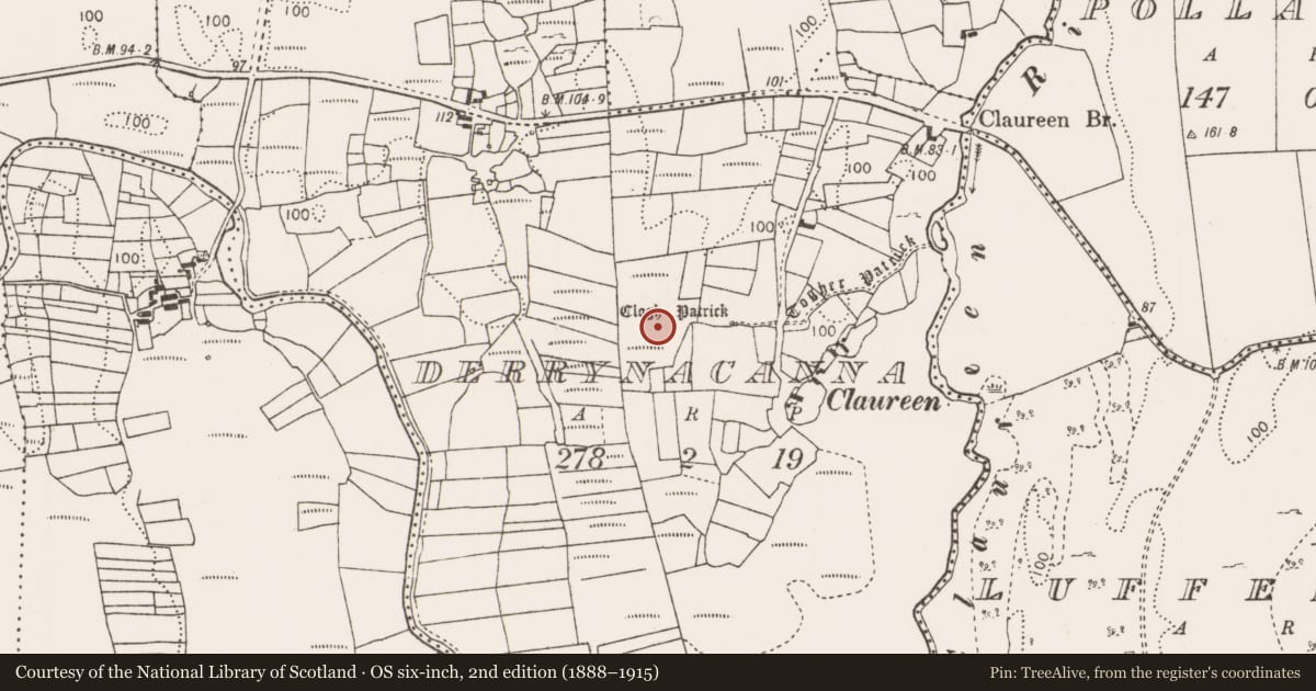 Ordnance Survey six-inch map, 2nd edition (1888–1915) covering the location of Ritual site - holy/saint's stone, Derrynacannana, County Mayo, with a pin at the register's coordinates