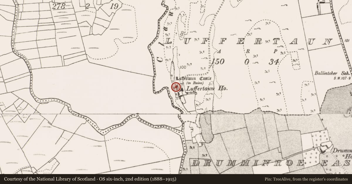 Ordnance Survey six-inch map, 2nd edition (1888–1915) covering the location of Castle - unclassified, Luffertaun, County Mayo, with a pin at the register's coordinates