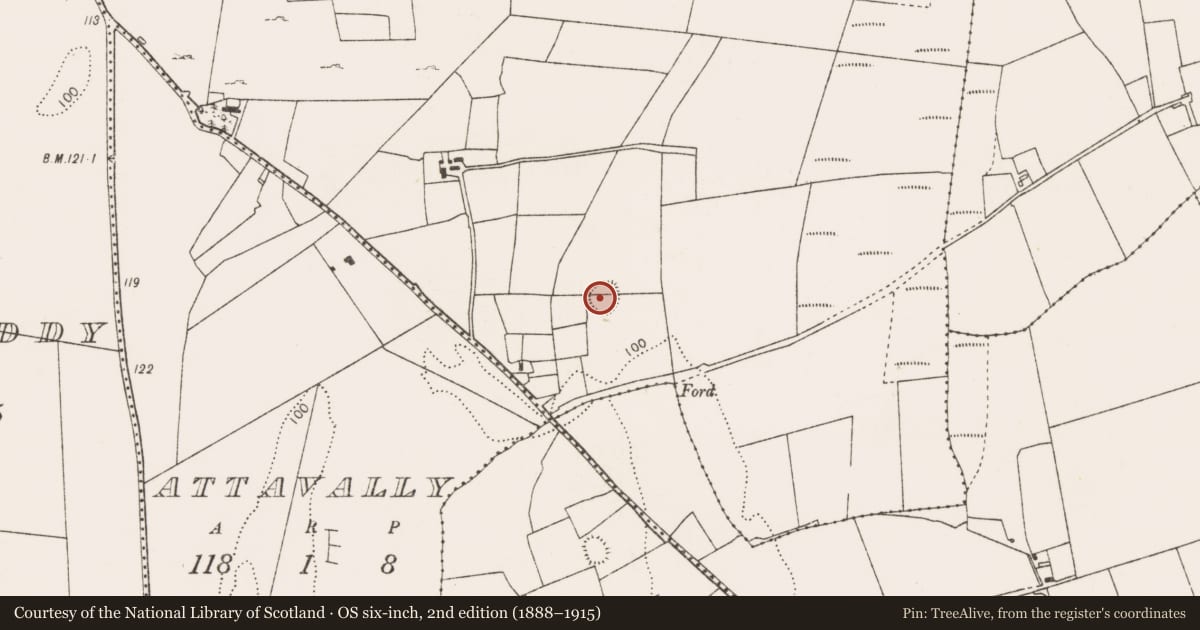 Ordnance Survey six-inch map, 2nd edition (1888–1915) covering the location of Enclosure, Creevagh, County Mayo, with a pin at the register's coordinates