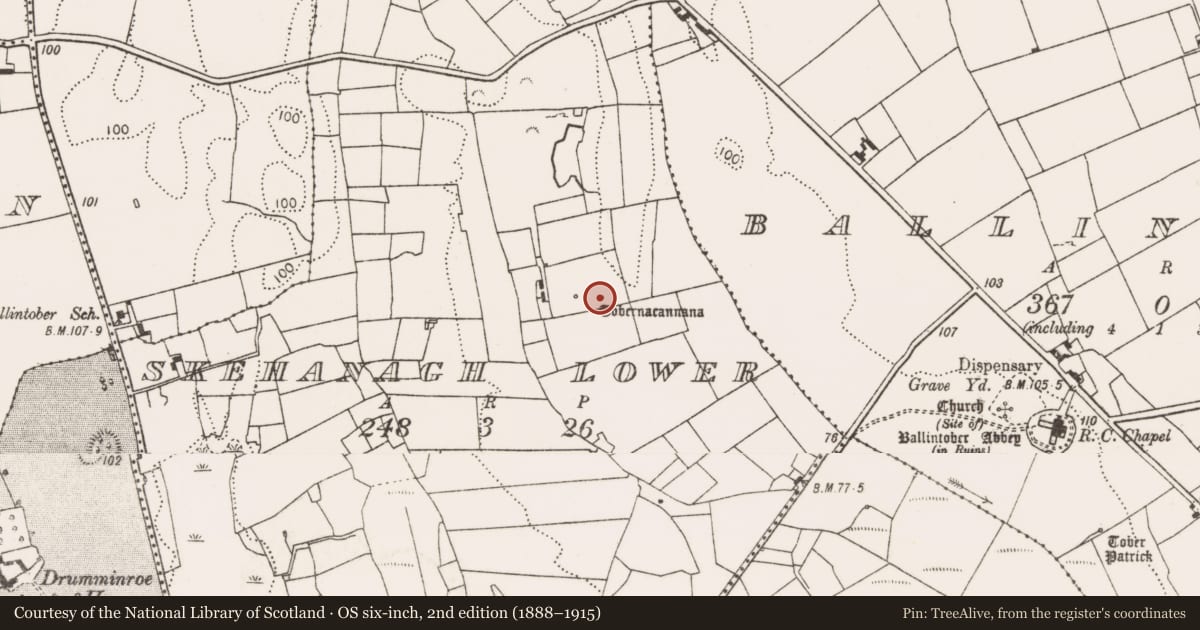 Ordnance Survey six-inch map, 2nd edition (1888–1915) covering the location of Ritual site - holy well, Skehanagh Lower, County Mayo, with a pin at the register's coordinates