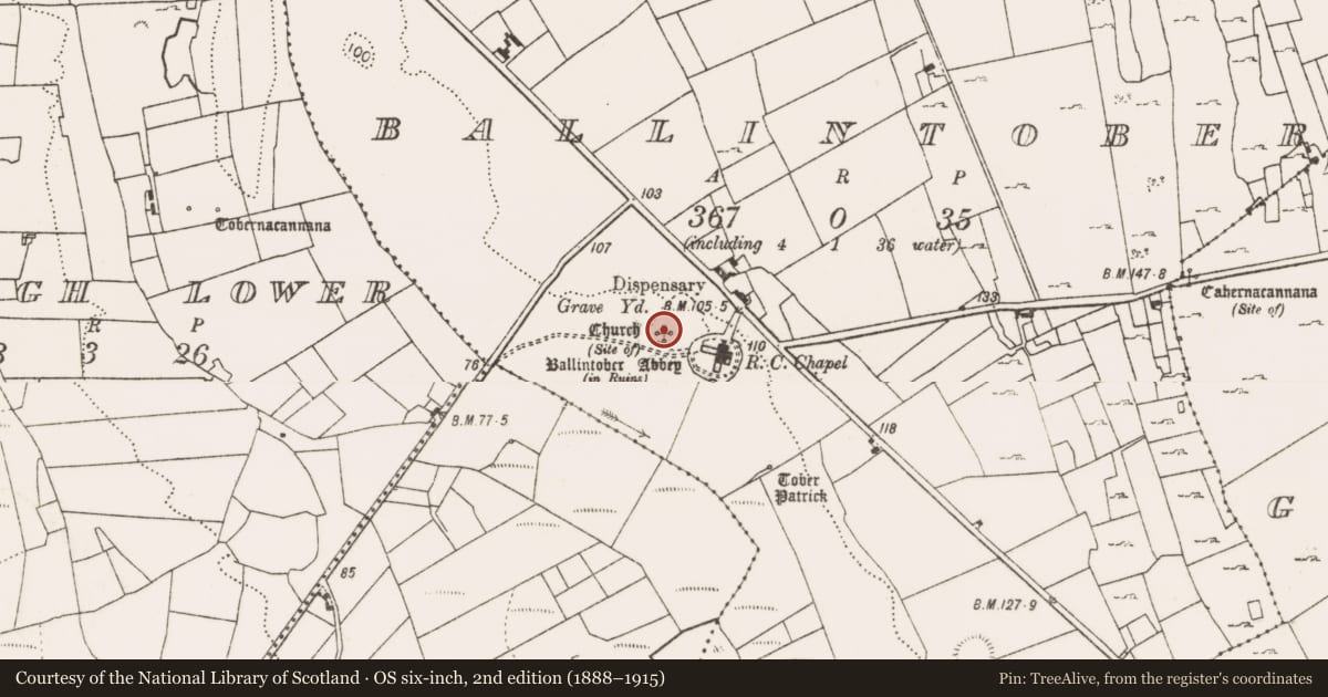 Ordnance Survey six-inch map, 2nd edition (1888–1915) covering the location of Church, Ballintober, County Mayo, with a pin at the register's coordinates