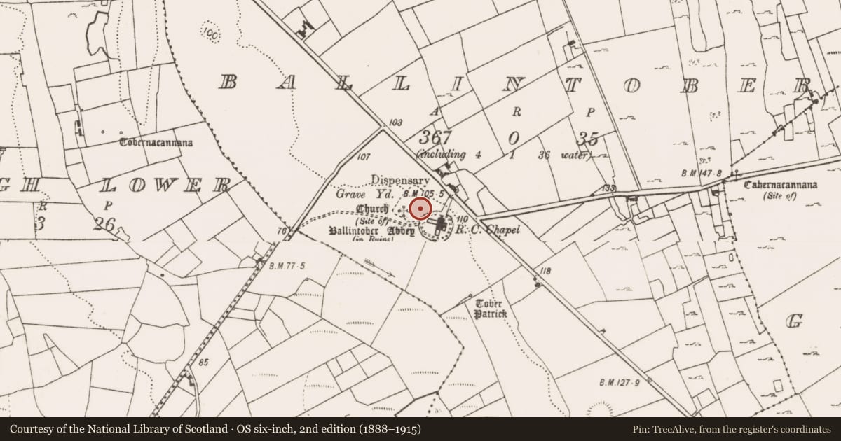 Ordnance Survey six-inch map, 2nd edition (1888–1915) covering the location of Burial, Ballintober, County Mayo, with a pin at the register's coordinates