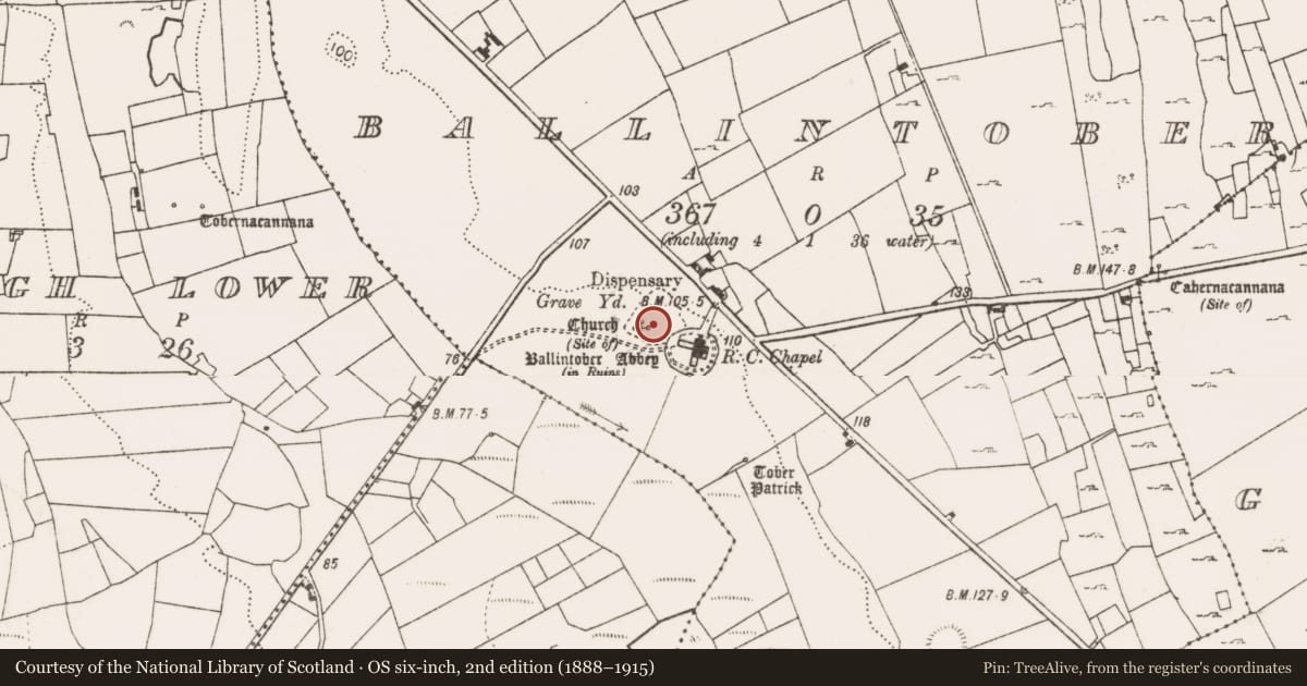 Ordnance Survey six-inch map, 2nd edition (1888–1915) covering the location of Graveslab, Ballintober, County Mayo, with a pin at the register's coordinates