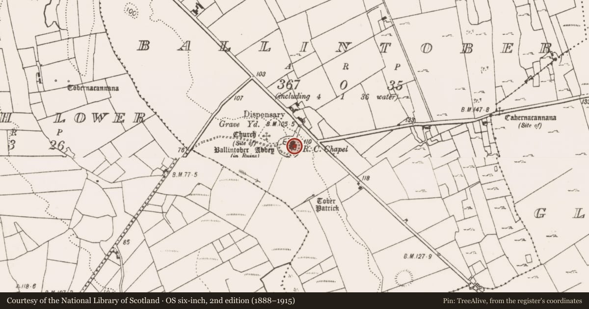 Ordnance Survey six-inch map, 2nd edition (1888–1915) covering the location of Wall monument, Ballintober, County Mayo, with a pin at the register's coordinates