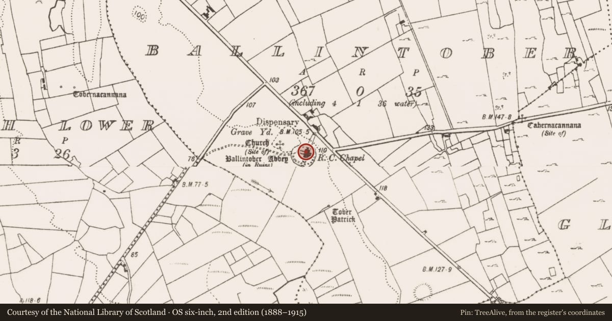 Ordnance Survey six-inch map, 2nd edition (1888–1915) covering the location of Inscribed stone, Ballintober, County Mayo, with a pin at the register's coordinates