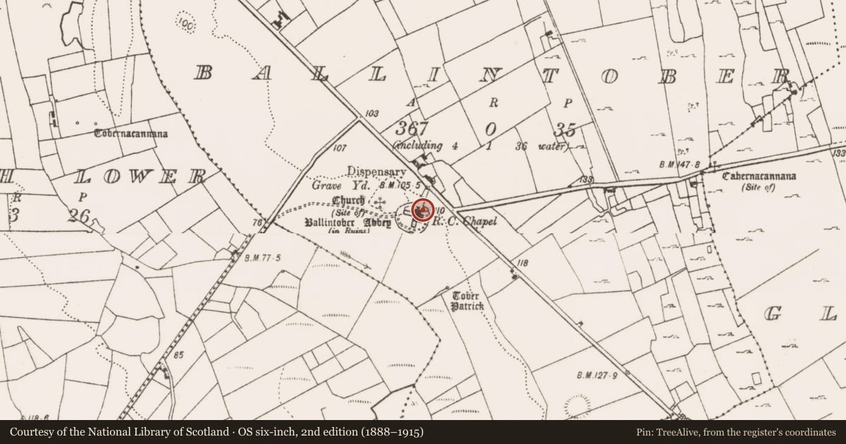 Ordnance Survey six-inch map, 2nd edition (1888–1915) covering the location of Tomb - chest tomb, Ballintober, County Mayo, with a pin at the register's coordinates