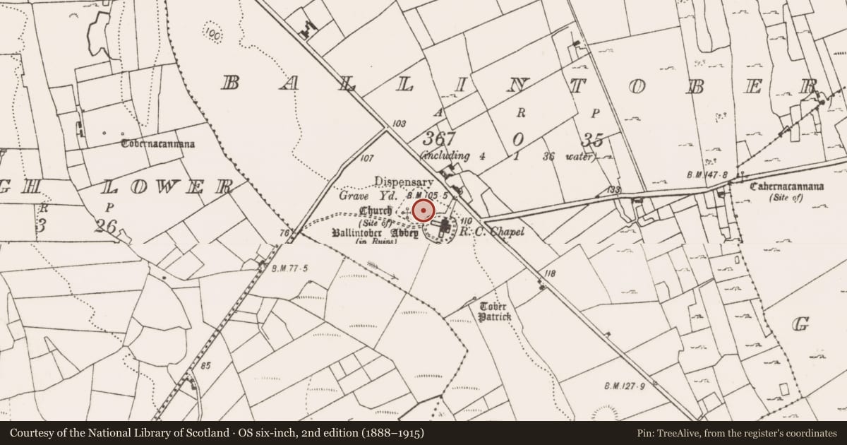Ordnance Survey six-inch map, 2nd edition (1888–1915) covering the location of Graveyard, Ballintober, County Mayo, with a pin at the register's coordinates