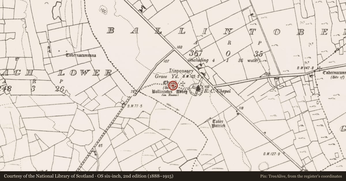 Ordnance Survey six-inch map, 2nd edition (1888–1915) covering the location of Road - road/trackway, Ballintober, County Mayo, with a pin at the register's coordinates