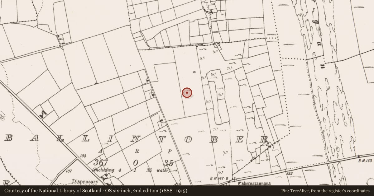 Ordnance Survey six-inch map, 2nd edition (1888–1915) covering the location of Enclosure, Ballintober, County Mayo, with a pin at the register's coordinates