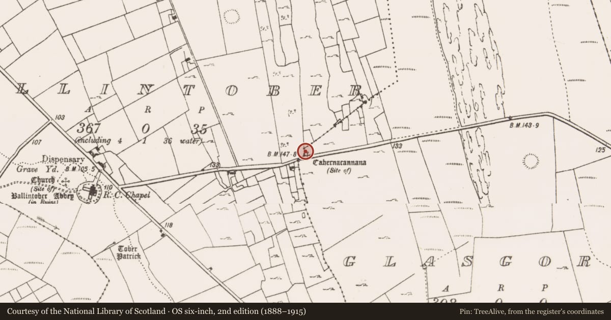 Ordnance Survey six-inch map, 2nd edition (1888–1915) covering the location of Ringfort - cashel, Glasgort, County Mayo, with a pin at the register's coordinates