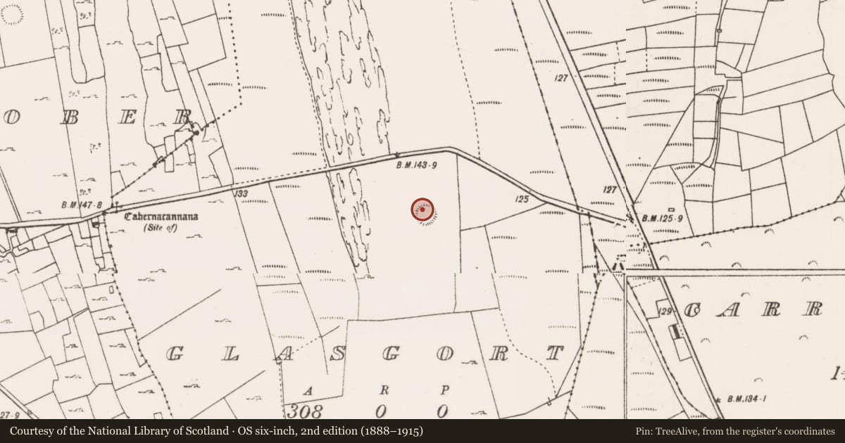 Ordnance Survey six-inch map, 2nd edition (1888–1915) covering the location of Enclosure, Glasgort, County Mayo, with a pin at the register's coordinates