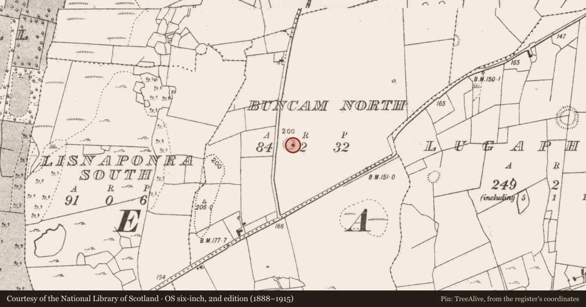 Ordnance Survey six-inch map, 2nd edition (1888–1915) covering the location of Enclosure, Buncam North, County Mayo, with a pin at the register's coordinates