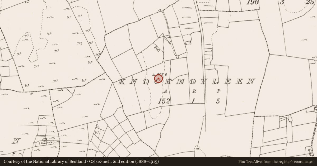 Ordnance Survey six-inch map, 2nd edition (1888–1915) covering the location of Enclosure, Knockmoyleen, County Mayo, with a pin at the register's coordinates