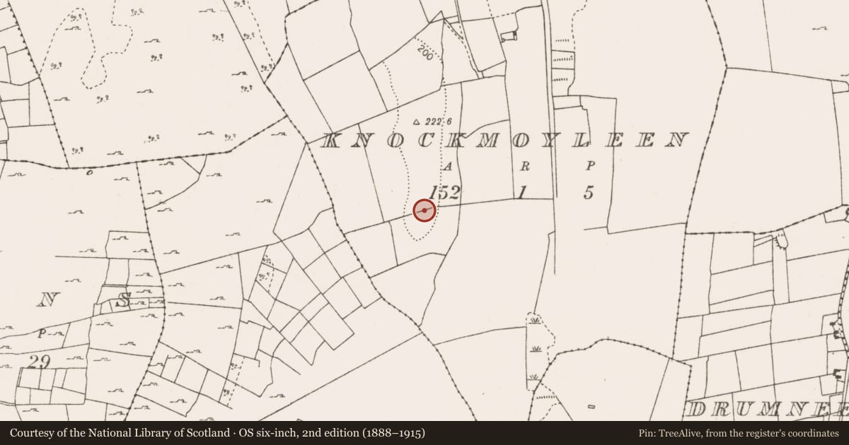 Ordnance Survey six-inch map, 2nd edition (1888–1915) covering the location of Enclosure, Knockmoyleen, County Mayo, with a pin at the register's coordinates