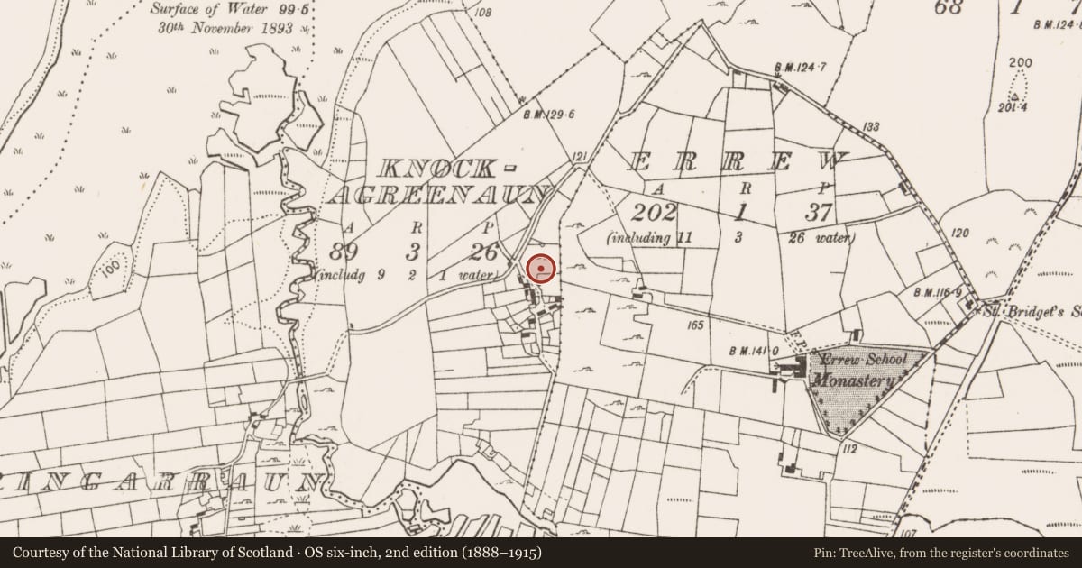 Ordnance Survey six-inch map, 2nd edition (1888–1915) covering the location of Enclosure, Knockagreenaun, County Mayo, with a pin at the register's coordinates
