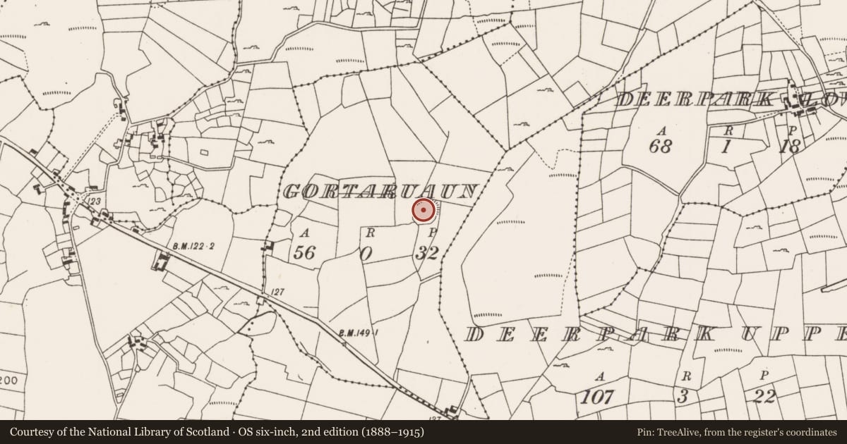 Ordnance Survey six-inch map, 2nd edition (1888–1915) covering the location of Enclosure, Gortaruaun, County Mayo, with a pin at the register's coordinates