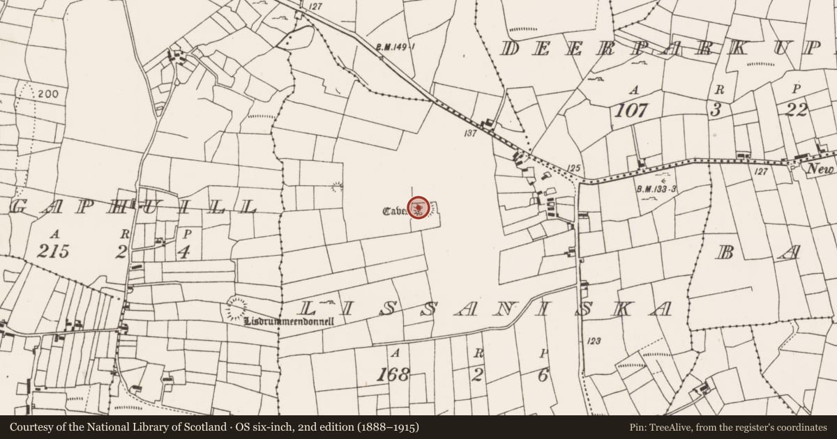Ordnance Survey six-inch map, 2nd edition (1888–1915) covering the location of Souterrain, Lissaniska (Carra By., Drum Par.), County Mayo, with a pin at the register's coordinates