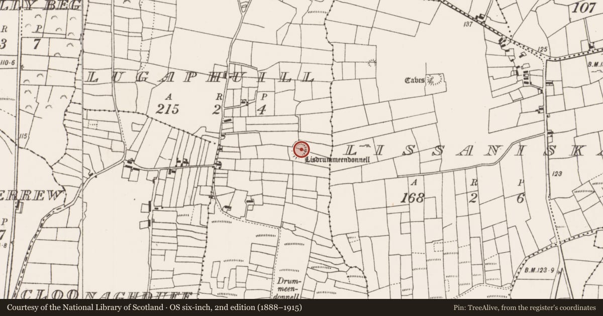 Ordnance Survey six-inch map, 2nd edition (1888–1915) covering the location of Ringfort - rath, Lugaphuill (Carra By., Drum Par.), County Mayo, with a pin at the register's coordinates