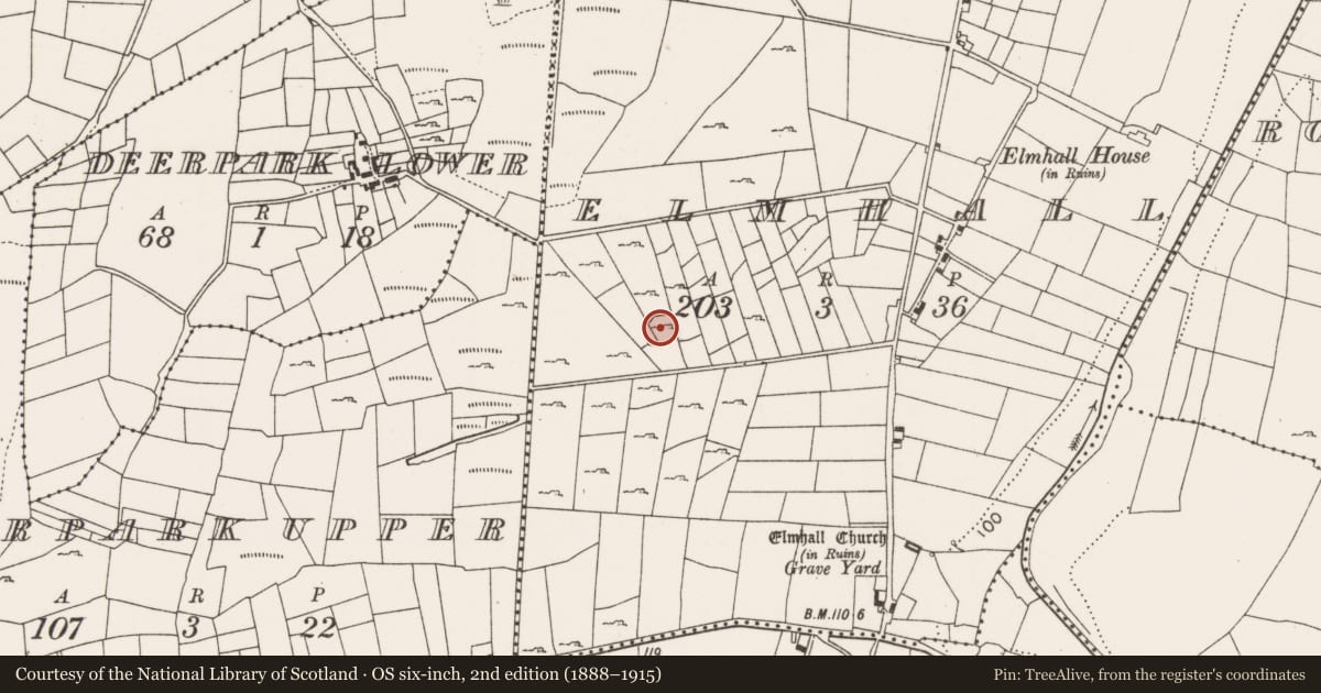 Ordnance Survey six-inch map, 2nd edition (1888–1915) covering the location of Enclosure, Elmhall, County Mayo, with a pin at the register's coordinates