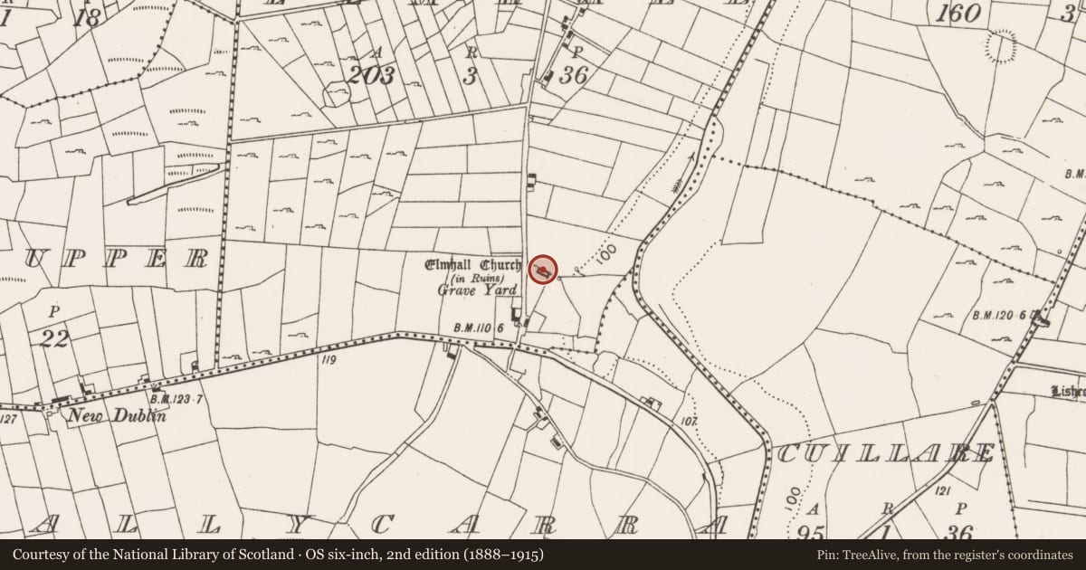 Ordnance Survey six-inch map, 2nd edition (1888–1915) covering the location of Church, Elmhall, County Mayo, with a pin at the register's coordinates