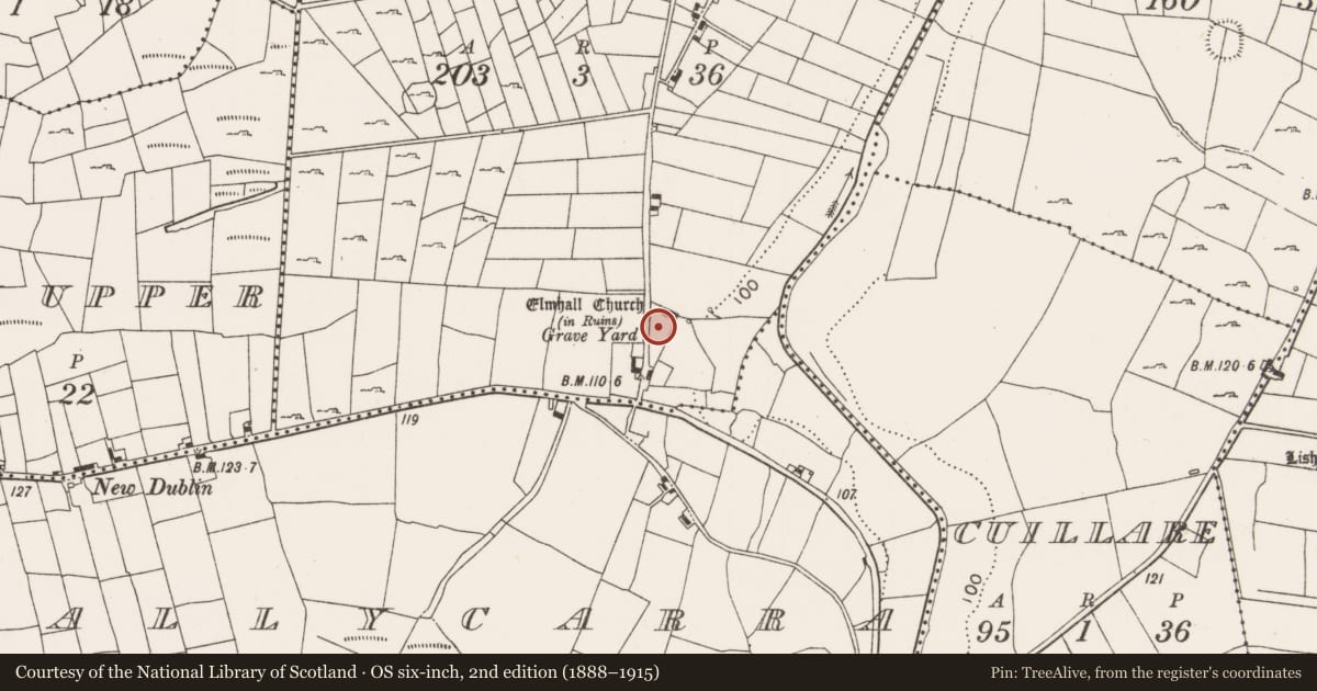 Ordnance Survey six-inch map, 2nd edition (1888–1915) covering the location of Graveyard, Elmhall, County Mayo, with a pin at the register's coordinates