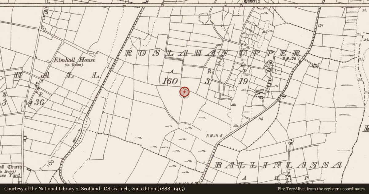 Ordnance Survey six-inch map, 2nd edition (1888–1915) covering the location of Ringfort - rath, Roslahan Upper, County Mayo, with a pin at the register's coordinates