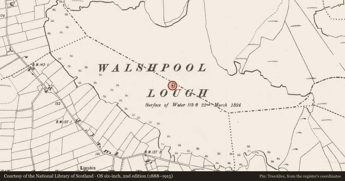 Ordnance Survey six-inch map, 2nd edition (1888–1915) covering the location of Crannog, Walshpool, County Mayo, with a pin at the register's coordinates