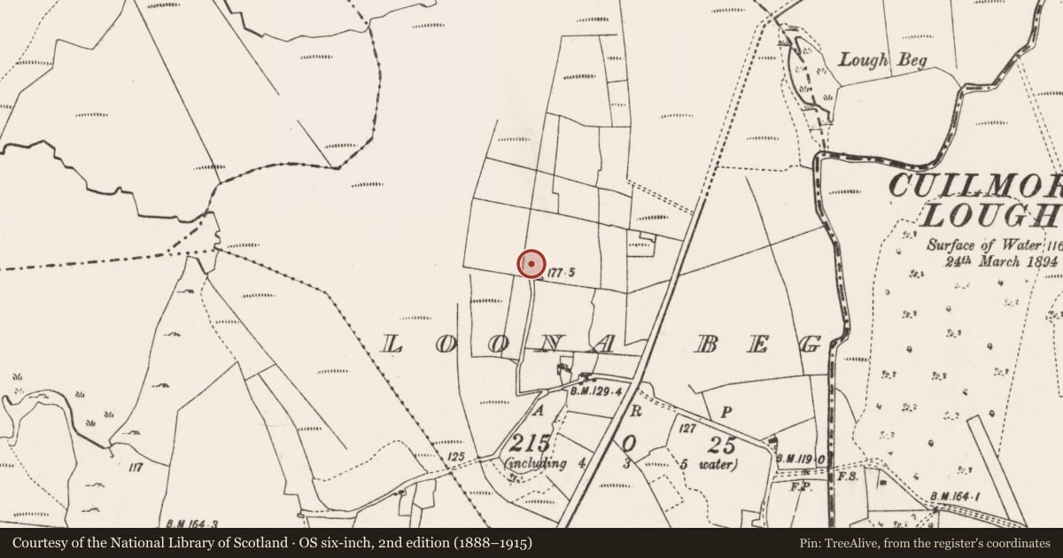 Ordnance Survey six-inch map, 2nd edition (1888–1915) covering the location of Ringfort - rath, Loona Beg, County Mayo, with a pin at the register's coordinates