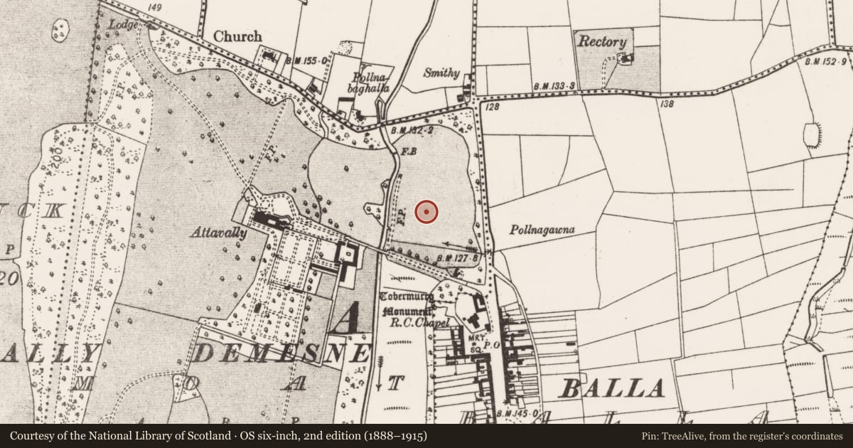 Ordnance Survey six-inch map, 2nd edition (1888–1915) covering the location of Moated site, County Mayo, with a pin at the register's coordinates