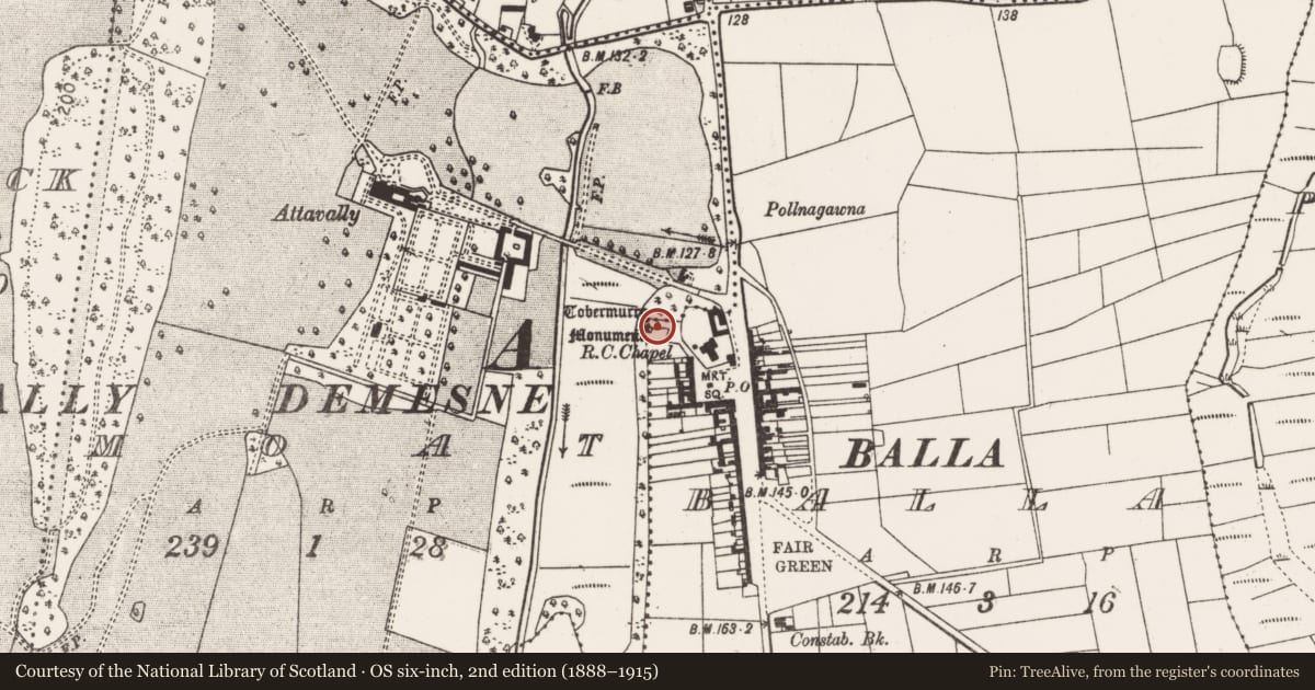 Ordnance Survey six-inch map, 2nd edition (1888–1915) covering the location of Penitential station, Balla, County Mayo, with a pin at the register's coordinates