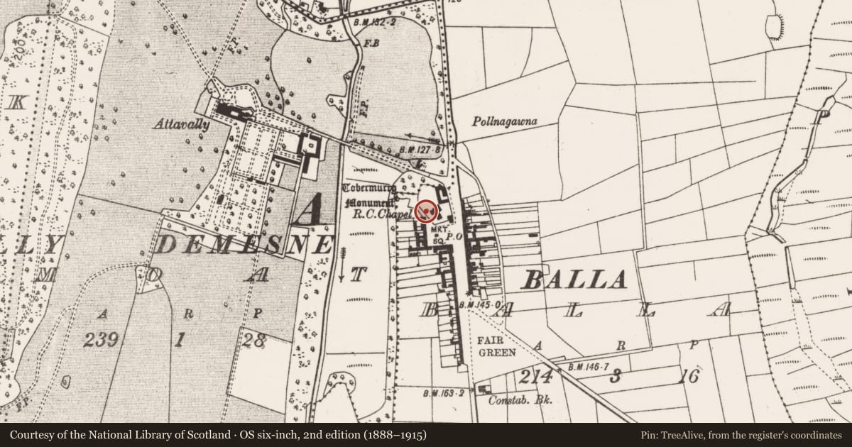 Ordnance Survey six-inch map, 2nd edition (1888–1915) covering the location of Round tower, Balla, County Mayo, with a pin at the register's coordinates